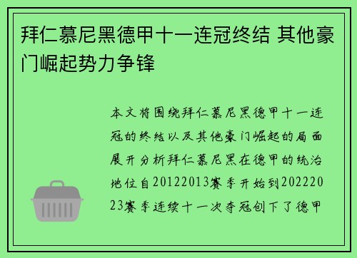 拜仁慕尼黑德甲十一连冠终结 其他豪门崛起势力争锋 拜仁慕尼黑德甲十一连冠终结 其他豪门崛起势力争锋